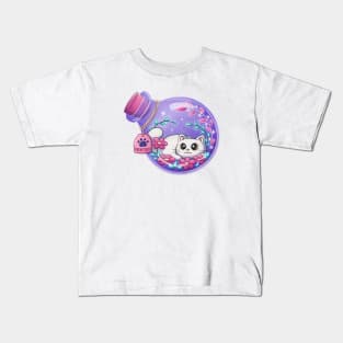 Cute White Cat Magic Potion With Flowers Kids T-Shirt
